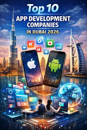 Mobile app development companies in Dubai skyline with digital technology